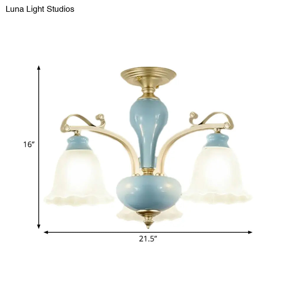 Rural Style Blue Chandelier With Cream Glass Blossom Shaped Pendant Light - 3/6/8 Bulbs