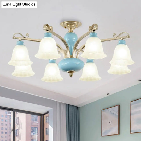 Rural Style Cream Glass Blossom Chandelier Lighting With Blue 3/6/8 Bulbs - Pendant Light 8 /