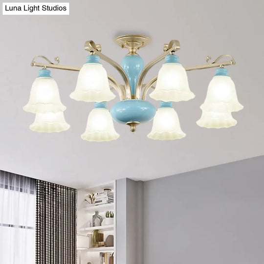 Rural Style Blue Chandelier With Cream Glass Blossom Shaped Pendant Light - 3/6/8 Bulbs