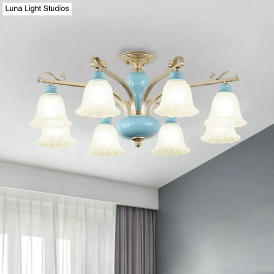 Rural Style Blue Chandelier With Cream Glass Blossom Shaped Pendant Light - 3/6/8 Bulbs