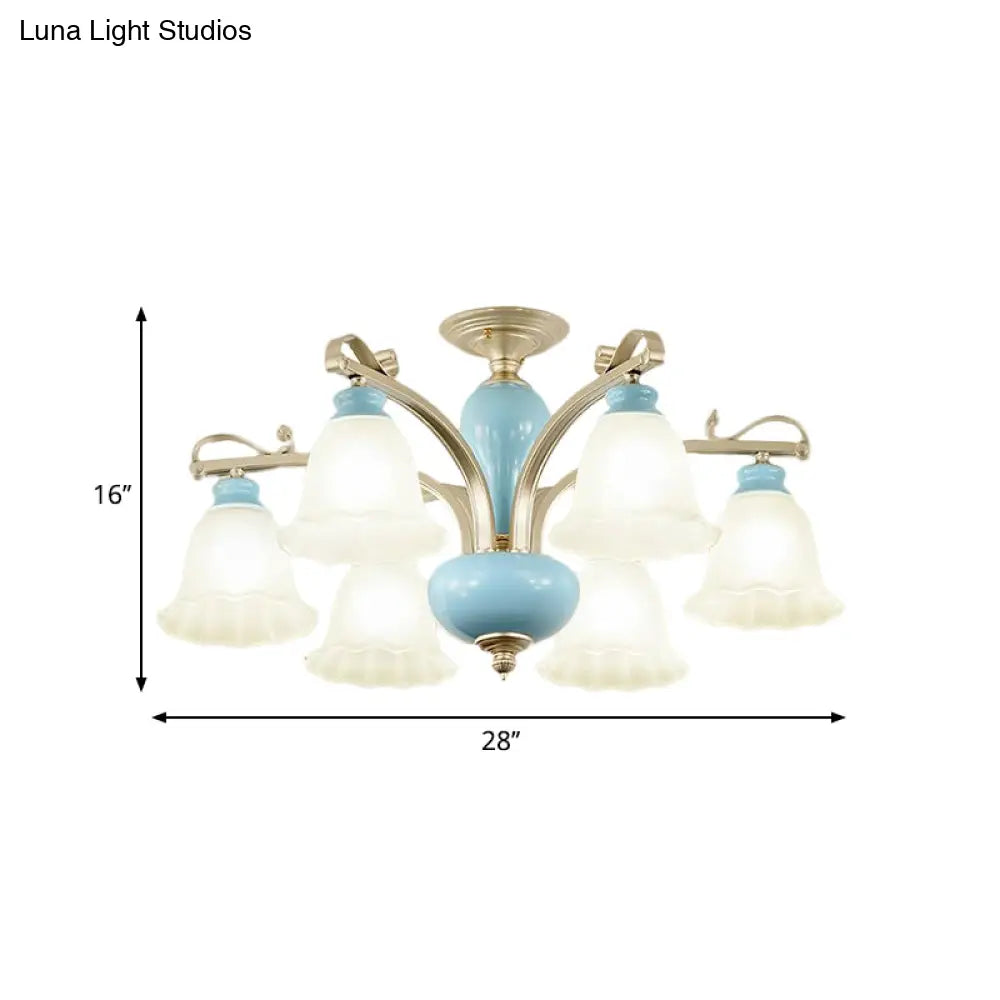 Rural Style Blue Chandelier With Cream Glass Blossom Shaped Pendant Light - 3/6/8 Bulbs