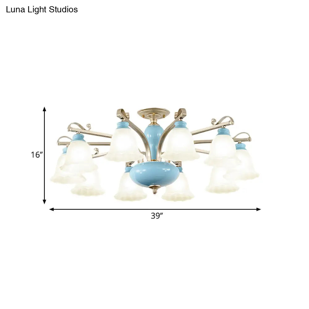 Rural Style Blue Chandelier With Cream Glass Blossom Shaped Pendant Light - 3/6/8 Bulbs