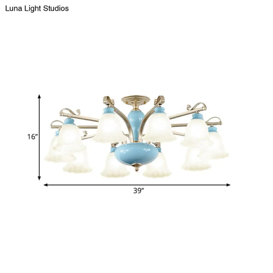 Rural Style Blue Chandelier With Cream Glass Blossom Shaped Pendant Light - 3/6/8 Bulbs