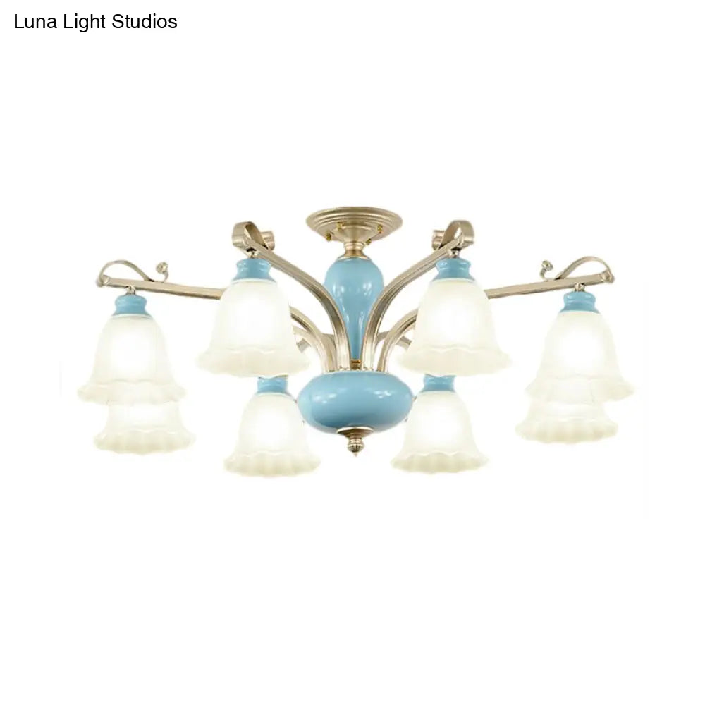 Rural Style Cream Glass Blossom Chandelier Lighting With Blue 3/6/8 Bulbs - Pendant Light