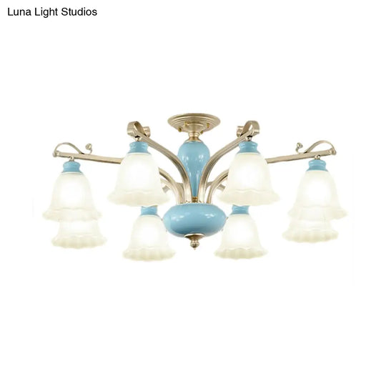 Rural Style Cream Glass Blossom Chandelier Lighting With Blue 3/6/8 Bulbs - Pendant Light