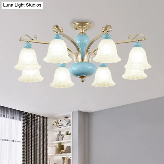 Rural Style Cream Glass Blossom Chandelier Lighting With Blue 3/6/8 Bulbs - Pendant Light