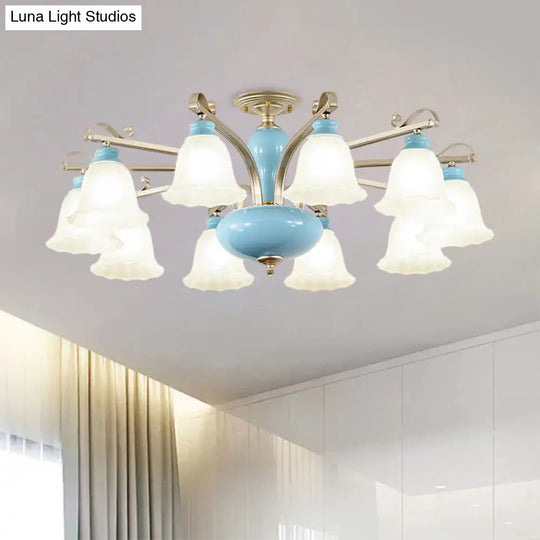 Rural Style Cream Glass Blossom Chandelier Lighting With Blue 3/6/8 Bulbs - Pendant Light