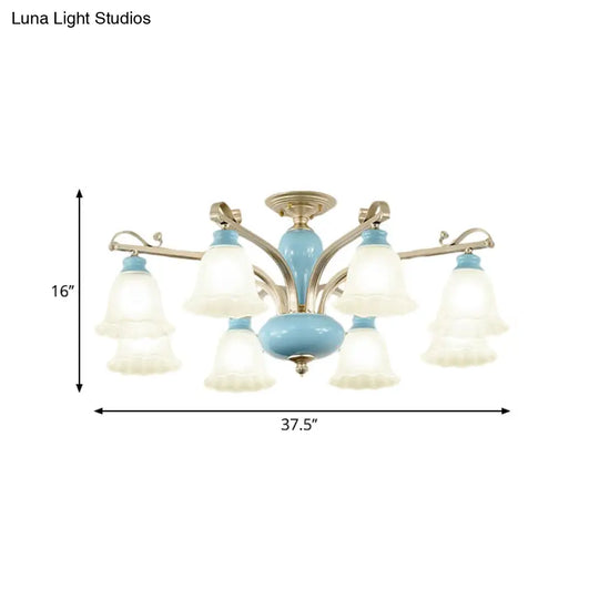 Rural Style Cream Glass Blossom Chandelier Lighting With Blue 3/6/8 Bulbs - Pendant Light