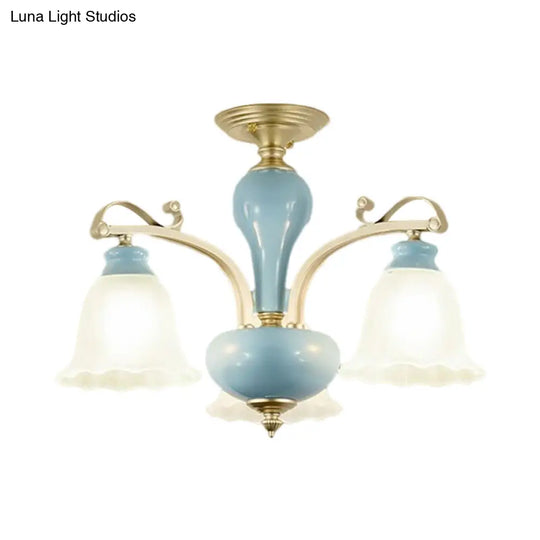 Rural Style Cream Glass Blossom Chandelier Lighting With Blue 3/6/8 Bulbs - Pendant Light