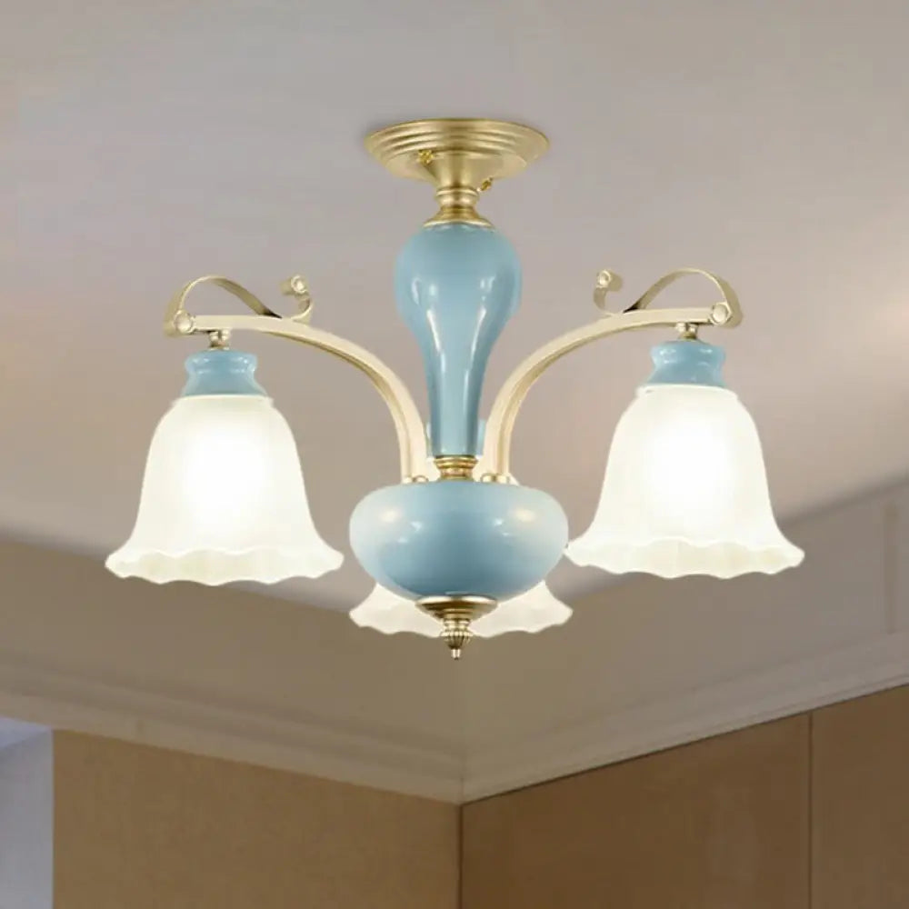 Rural Style Blue Chandelier With Cream Glass Blossom Shaped Pendant Light - 3/6/8 Bulbs 3 /