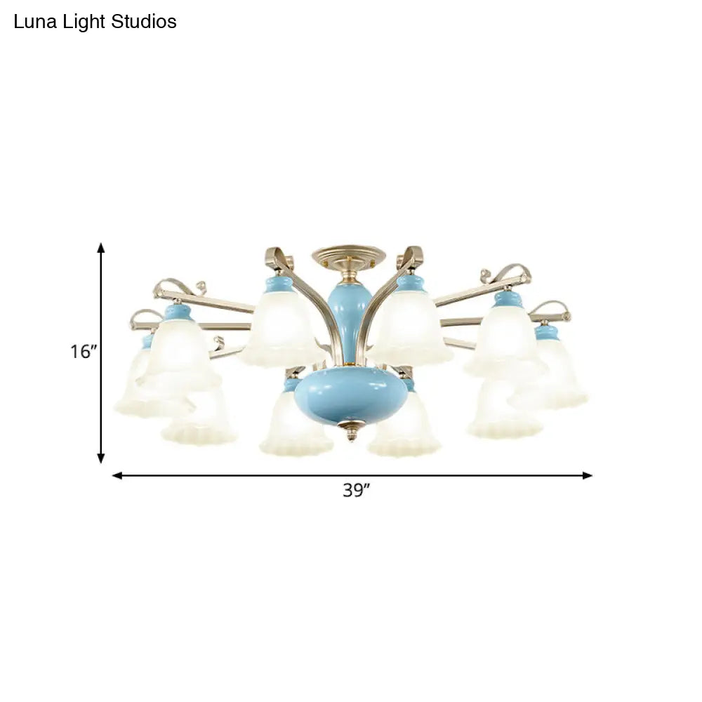 Rural Style Cream Glass Blossom Chandelier Lighting With Blue 3/6/8 Bulbs - Pendant Light