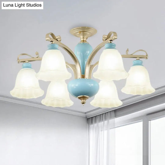 Rural Style Blue Chandelier With Cream Glass Blossom Shaped Pendant Light - 3/6/8 Bulbs