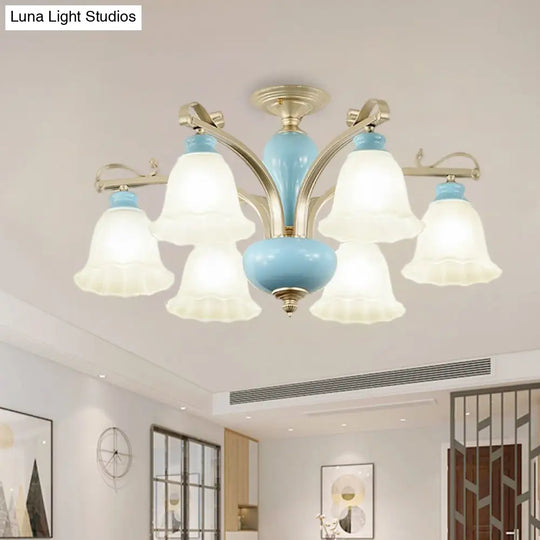 Rural Style Blue Chandelier With Cream Glass Blossom Shaped Pendant Light - 3/6/8 Bulbs