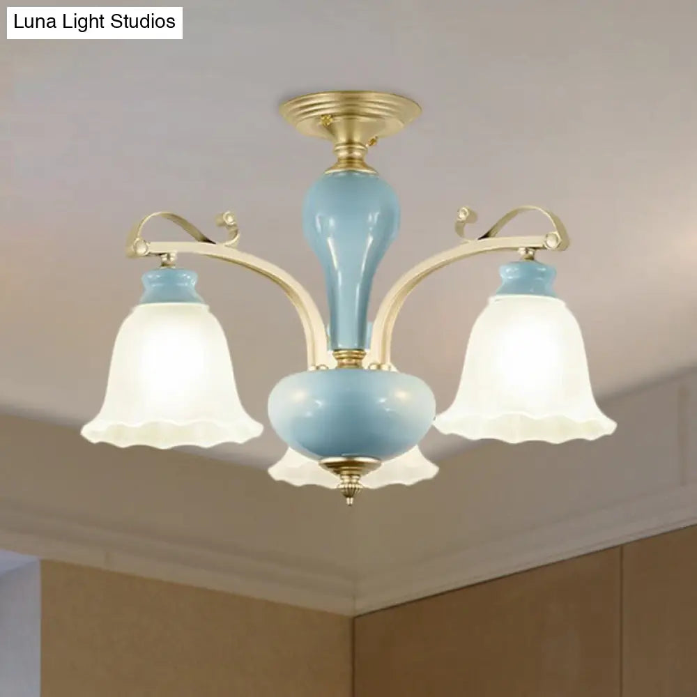 Rural Style Cream Glass Blossom Chandelier Lighting With Blue 3/6/8 Bulbs - Pendant Light 3 /