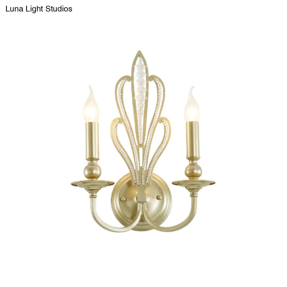 Rural Style Brass Candle Wall Mount Light Fixture With Crystal Flower Accent - Corridor Sconce