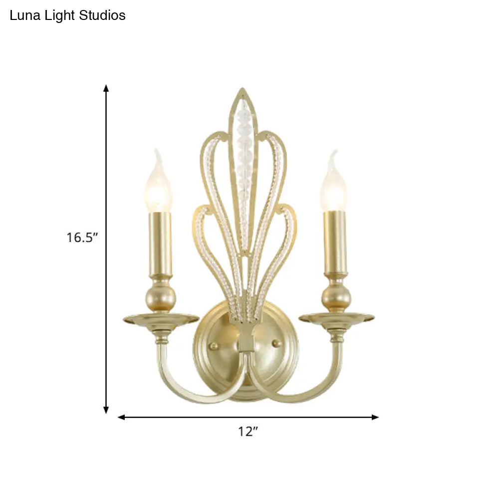 Rural Style Brass Candle Wall Mount Light Fixture With Crystal Flower Accent - Corridor Sconce