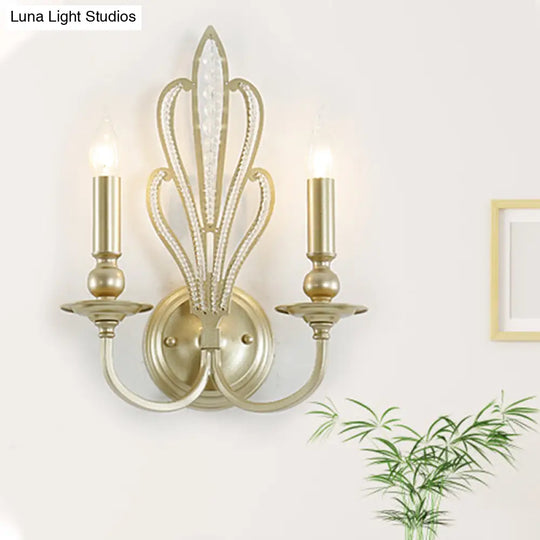 Rural Style Brass Candle Wall Mount Light Fixture With Crystal Flower Accent - Corridor Sconce