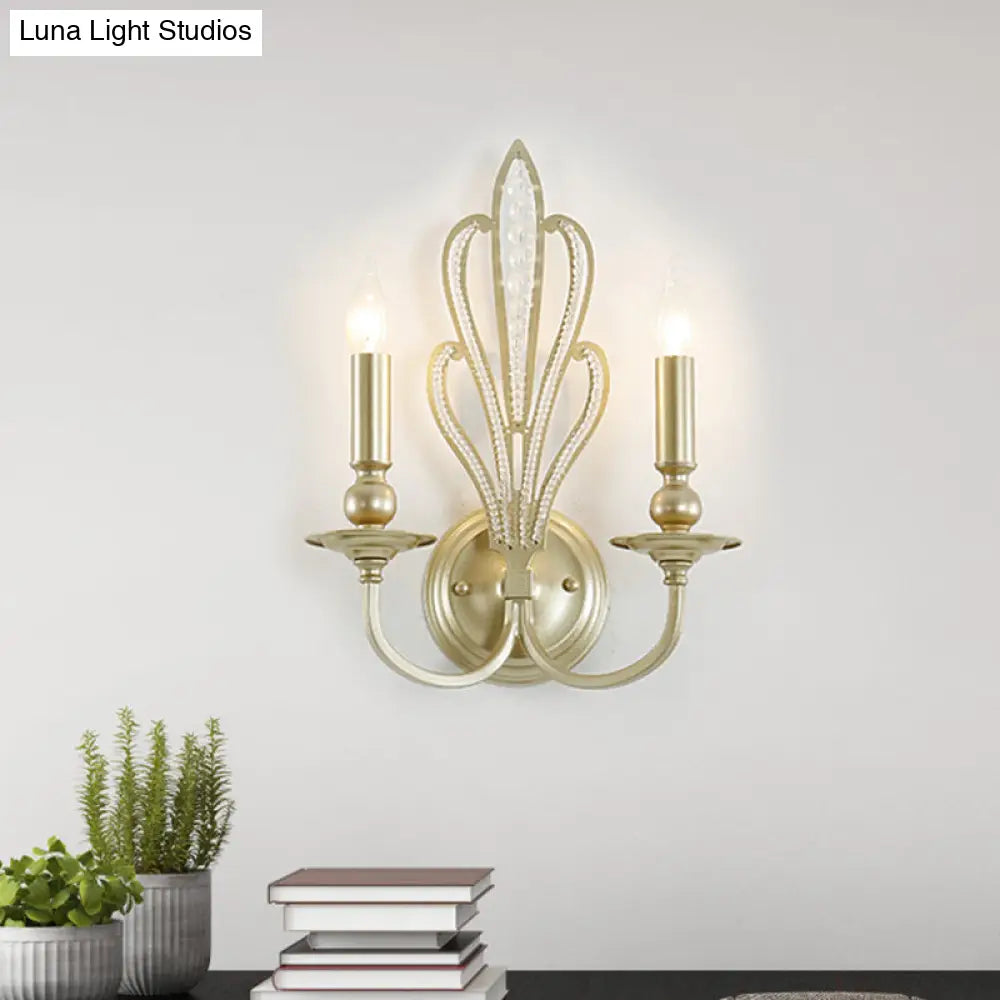 Rural Style Brass Candle Wall Mount Light Fixture With Crystal Flower Accent - Corridor Sconce