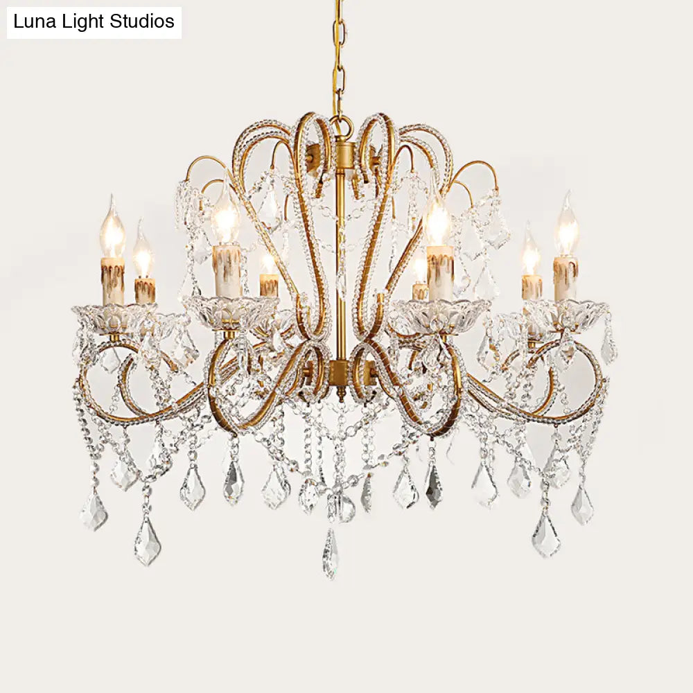 Rural Style Brass Crystal Chandelier - 6/8 Lights Curving Design For Living Room