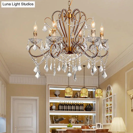 Rural Style Brass Crystal Chandelier - 6/8 Lights Curving Design For Living Room