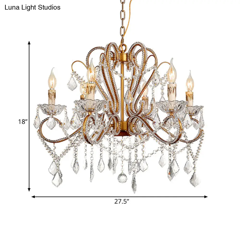 Rural Style Brass Crystal Chandelier - 6/8 Lights Curving Design For Living Room