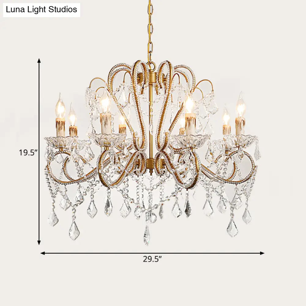 Rural Style Brass Crystal Chandelier - 6/8 Lights Curving Design For Living Room