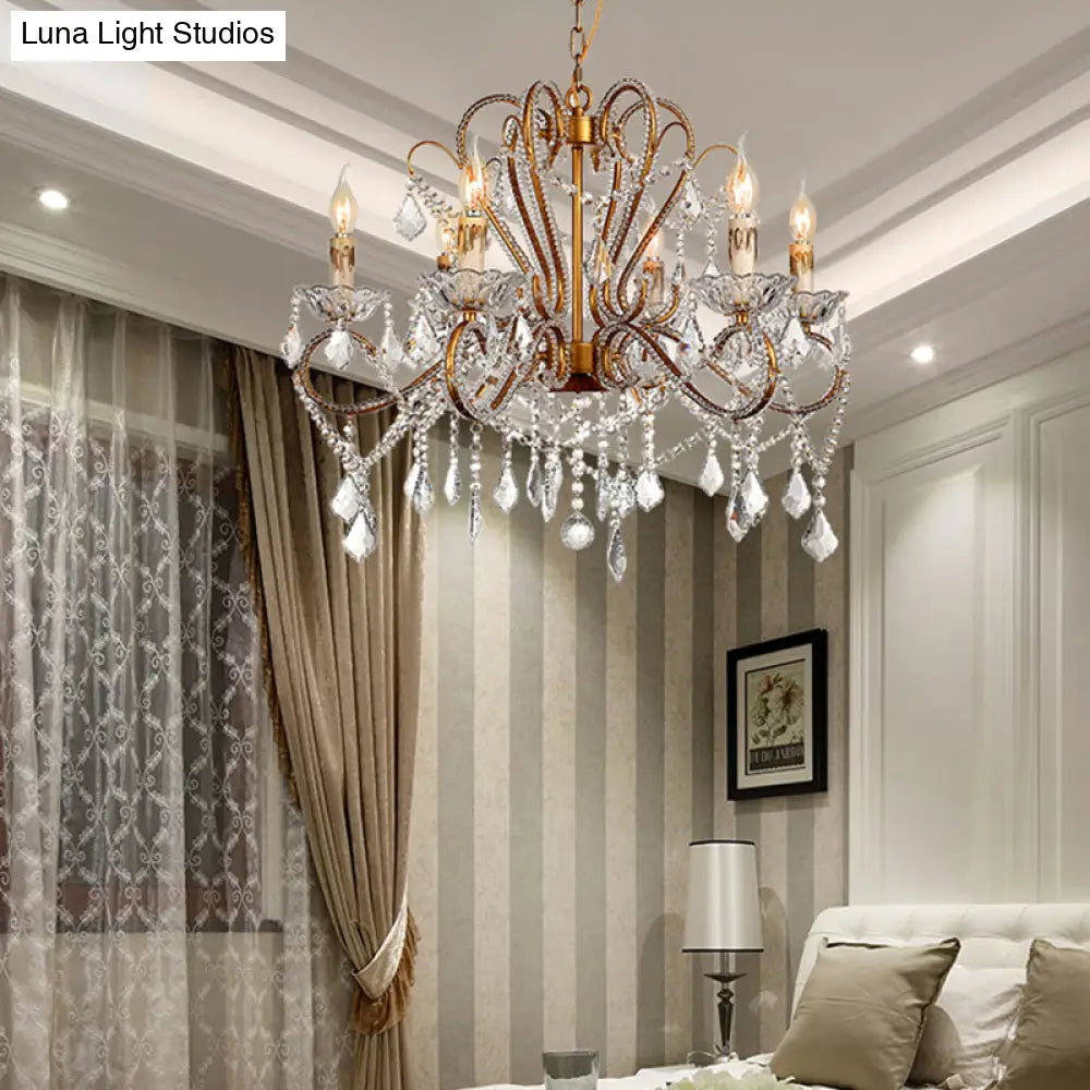 Rural Style Brass Crystal Chandelier - 6/8 Lights Curving Design For Living Room