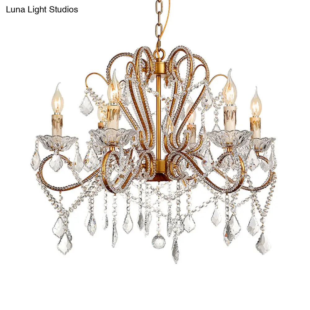 Rural Style Brass Crystal Chandelier - 6/8 Lights Curving Design For Living Room