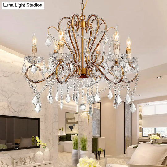 Rural Style Brass Crystal Chandelier - 6/8 Lights Curving Design For Living Room