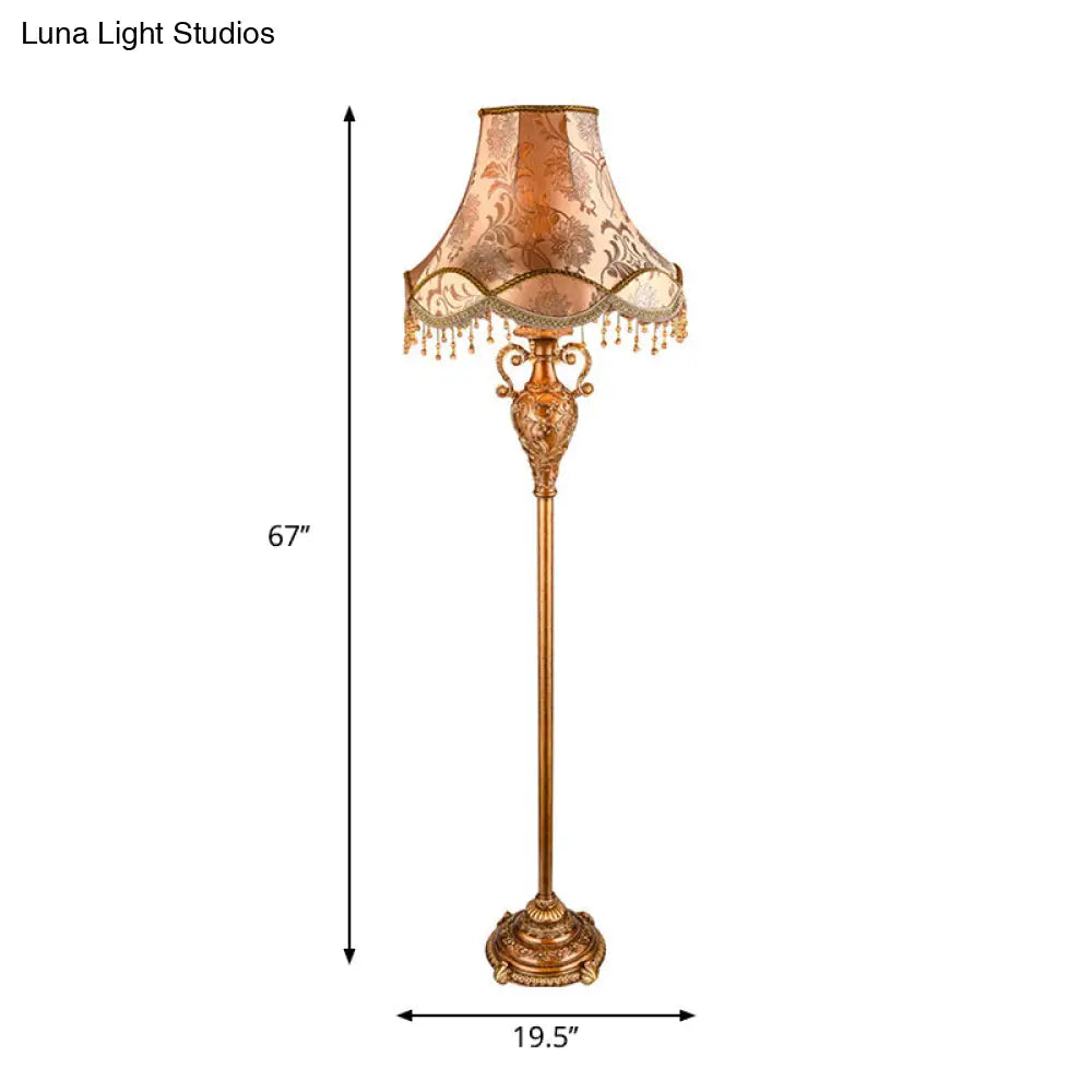 Rural Style Gold Floor Lamp With Cascading Design - 1-Bulb Tapered Shade Fabric Light