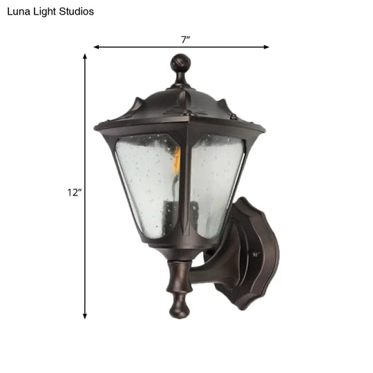 Rural Style Outdoor Lantern Wall Sconce With Clear Bubble Glass - 1-Head Black Surface