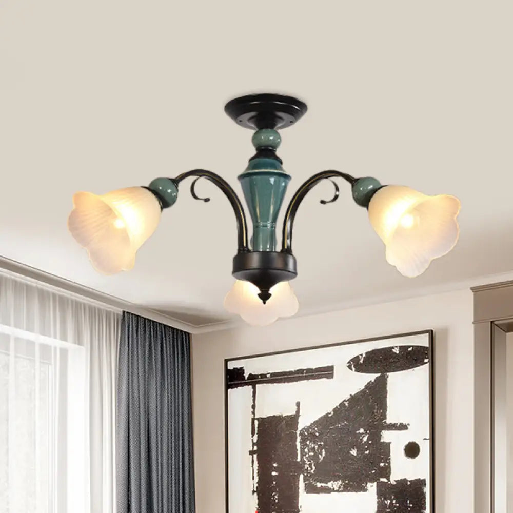 Rural Style Semi Flush Mount Light With Swooping Arm - Black Finish Ceiling Lighting For Living