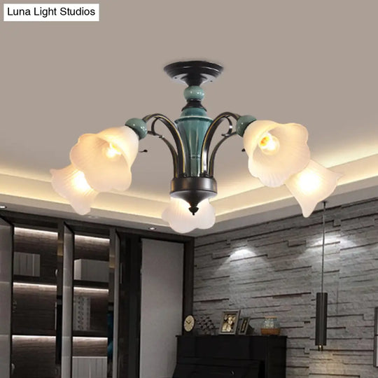 Rural Style Semi Flush Mount Light With Swooping Arm - Black Finish Ceiling Lighting For Living