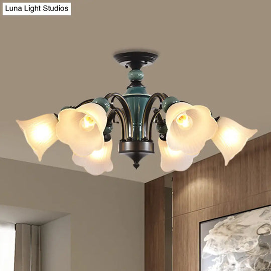 Rural Style Semi Flush Mount Light With Swooping Arm - Black Finish Ceiling Lighting For Living Room