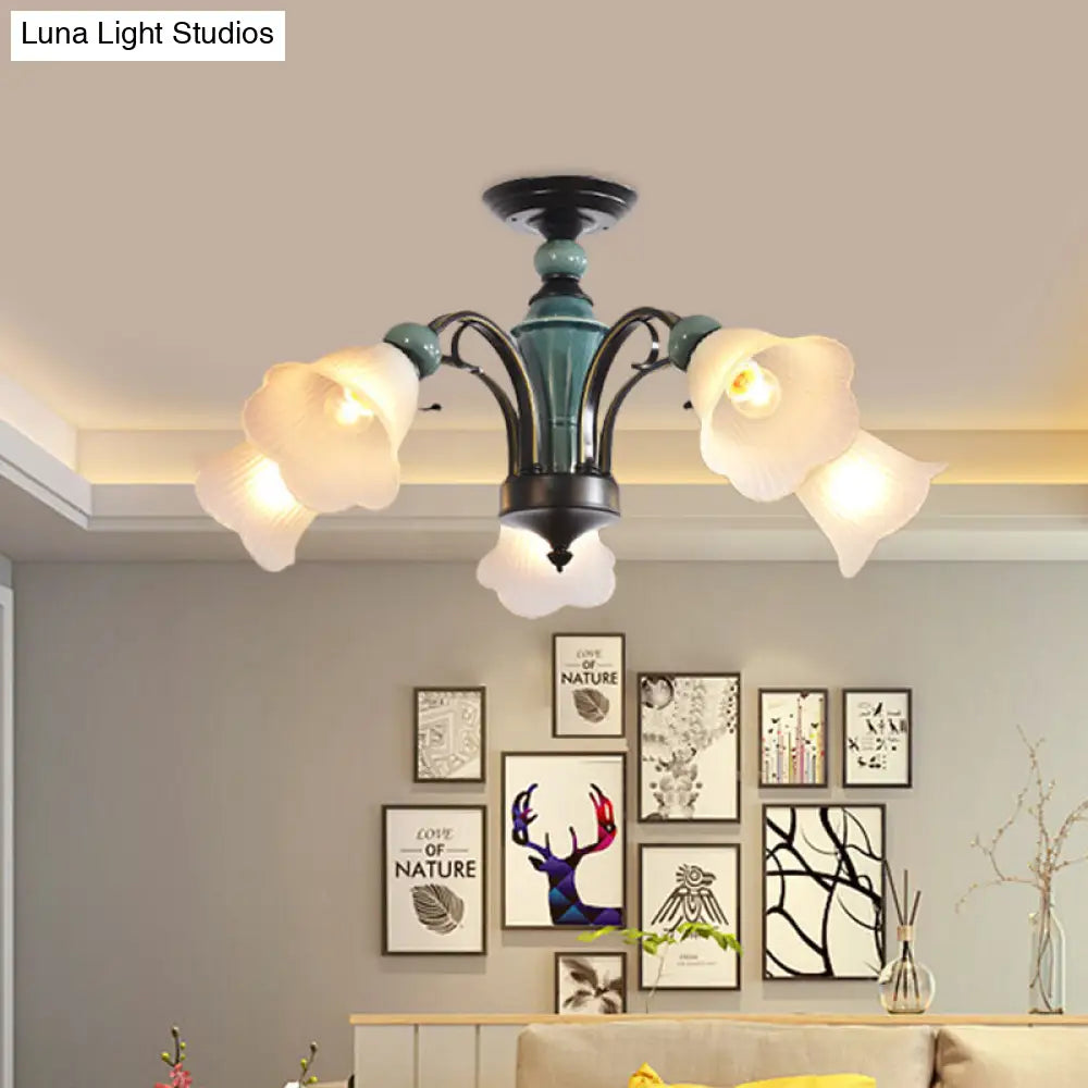 Rural Style Semi Flush Mount Light With Swooping Arm - Black Finish Ceiling Lighting For Living Room