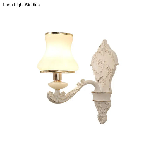 Rural White Glass Gourd Wall Lamp With Beige 1/2-Head And Resin Backplate For Bedroom Lighting