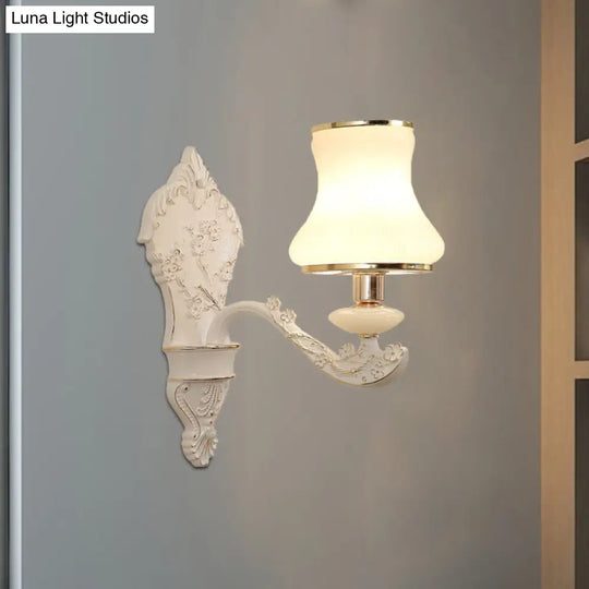 Rural White Glass Gourd Wall Lamp With Beige 1/2-Head And Resin Backplate For Bedroom Lighting