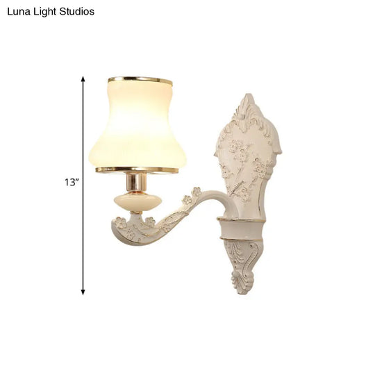 Rural White Glass Gourd Wall Lamp With Beige 1/2-Head And Resin Backplate For Bedroom Lighting