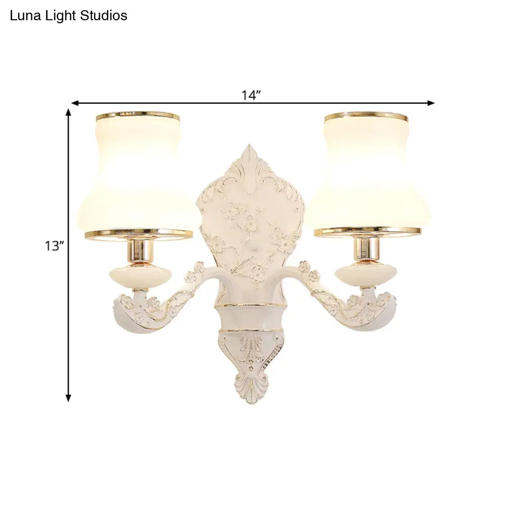 Rural White Glass Gourd Wall Lamp With Beige 1/2-Head And Resin Backplate For Bedroom Lighting