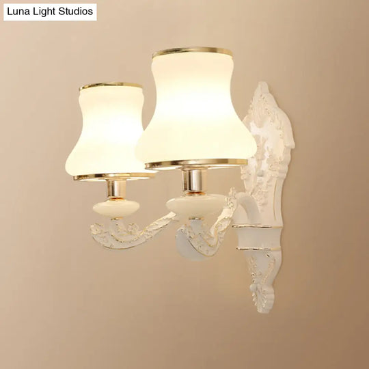 Rural White Glass Gourd Wall Lamp With Beige 1/2-Head And Resin Backplate For Bedroom Lighting