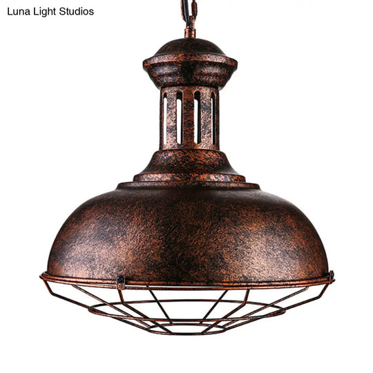 Rust Finish Iron Hanging Ceiling Light - 1 Head Bowl Fixture For Warehouse With Wire Frame