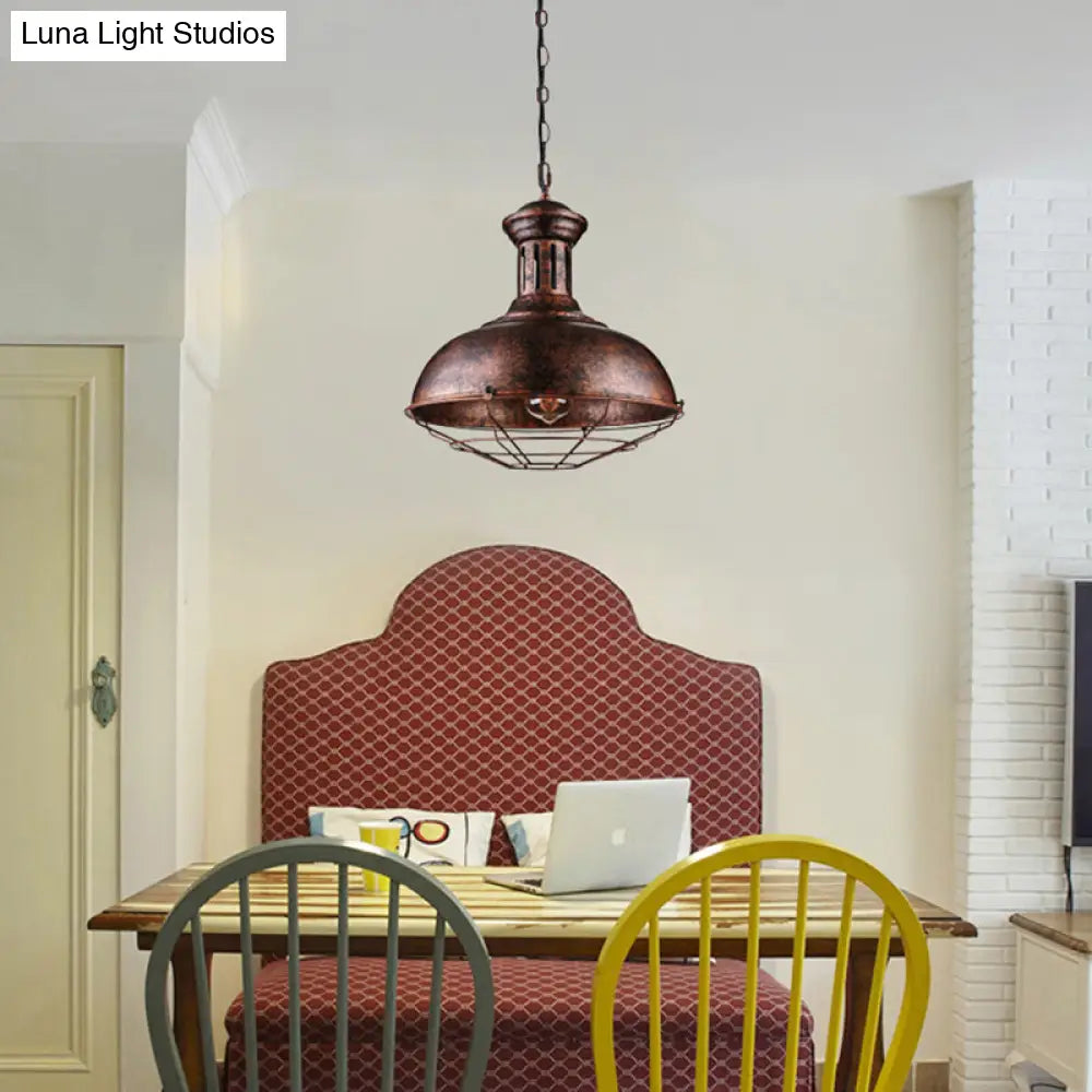 Rust Finish Iron Hanging Ceiling Light - 1 Head Bowl Fixture For Warehouse With Wire Frame