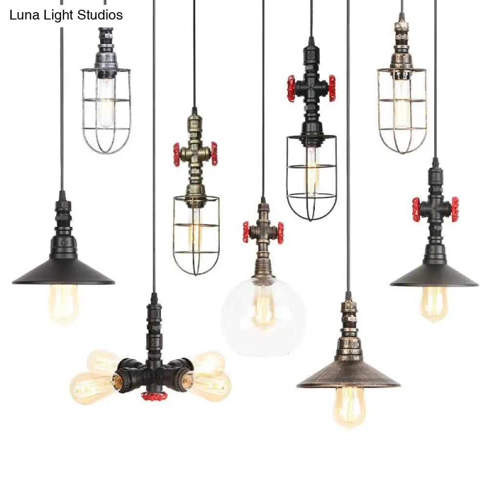Rust Finish Water Pipe Chandelier - Industrial 4-Light Fixture With Edison Bulbs For Bar Cafe Shop