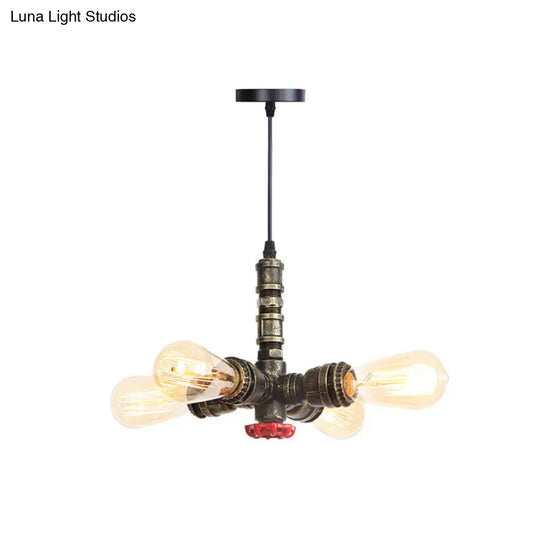 Rust Finish Water Pipe Chandelier Light Fixture - Industrial 4-Light Edison Bulb Hanging Lamp For