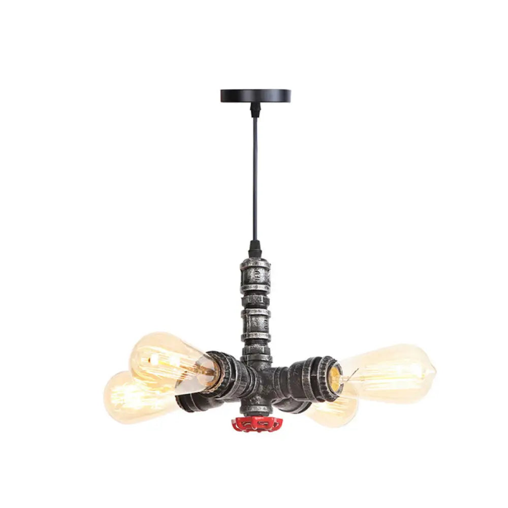 Rust Finish Water Pipe Chandelier - Industrial 4-Light Fixture With Edison Bulbs For Bar Cafe Shop