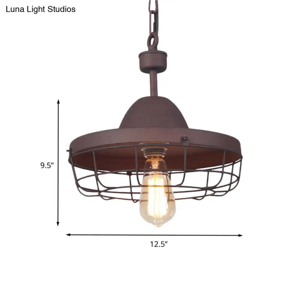 Rust Metal Cage Pendant Light With Barn Shade Suspension - Vintage 1-Light Lamp
