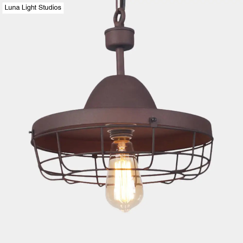 Rust 1-Light Pendant With Antiqued Metal Barn Shade And Cage Suspension Lamp