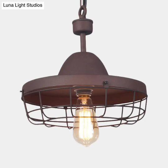 Rust 1-Light Pendant With Antiqued Metal Barn Shade And Cage Suspension Lamp