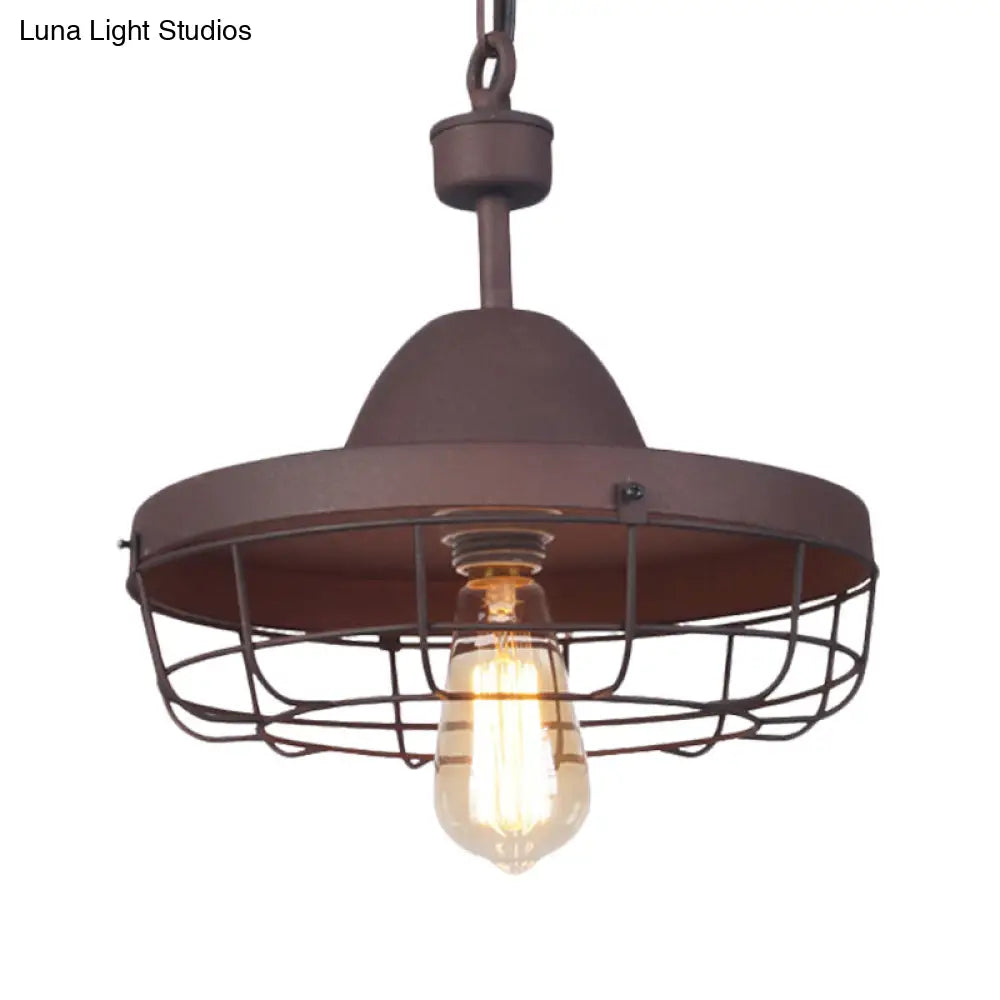 Rust 1-Light Pendant With Antiqued Metal Barn Shade And Cage Suspension Lamp