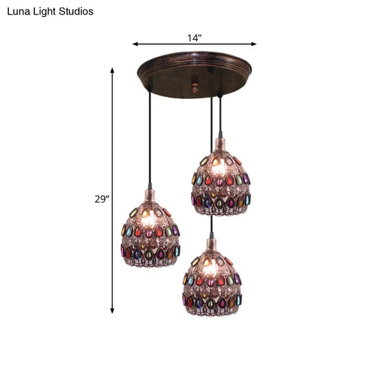 Rust Metal Dome Pendant Lamp With 3 Bulbs - Traditional Multi Light Suspension For Bedroom